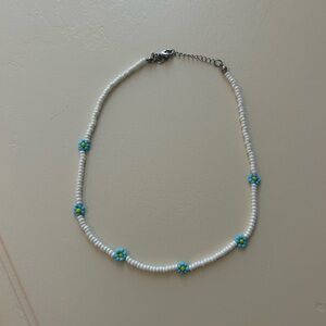Elegant White and Blue Beaded Necklace